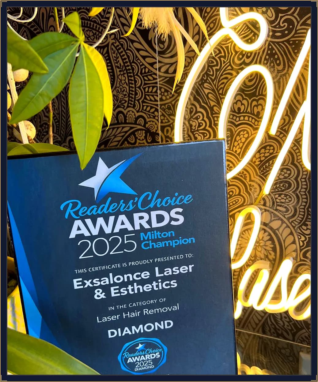 Exsalonce Readers' Choice Diamond Award 2025 for Laser Hair Removal — Milton Champion